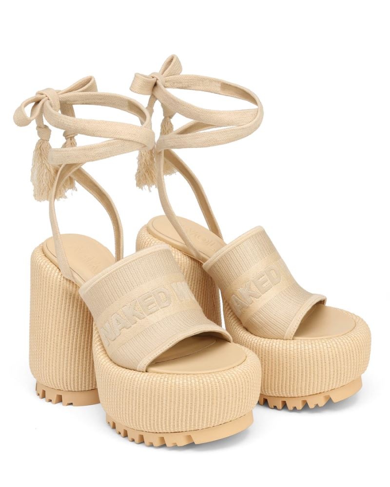 Beige Naked Wolfe Beach Raffia Women's Platform Sandals | DUBLIN 4972031AT