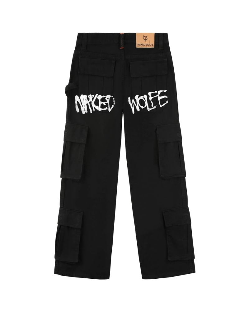 Black Naked Wolfe Baggy Pocket Cargo Logo Men's Pants | DUBLIN 8251304BU