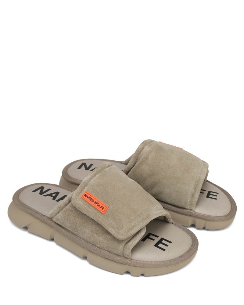 Grey Brown Naked Wolfe Alaska Suede Men's Slides | IRELAND 6718059WH