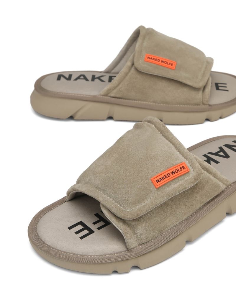 Grey Brown Naked Wolfe Alaska Suede Men's Slides | IRELAND 6718059WH