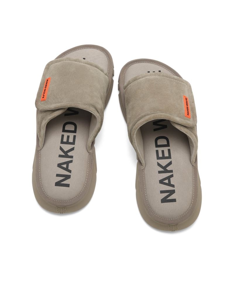 Grey Brown Naked Wolfe Alaska Suede Men's Slides | IRELAND 6718059WH