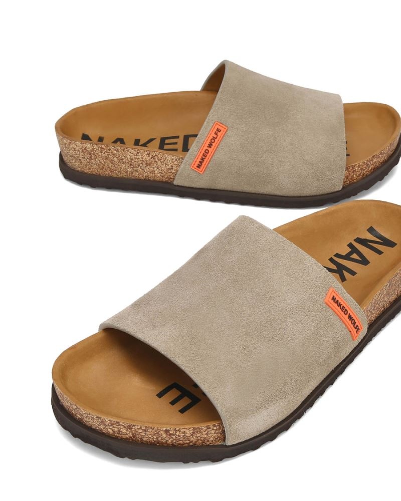 Grey Brown Naked Wolfe Moody Suede Men's Slides | IRELAND 3487150UZ