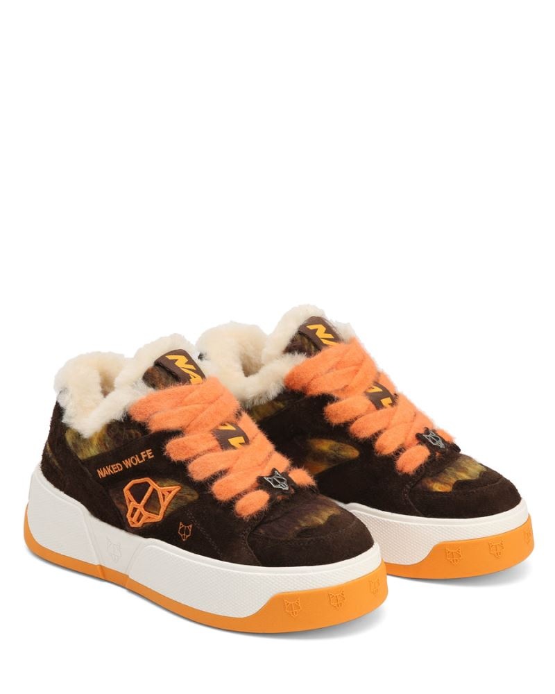 Orange / Brown Naked Wolfe Crash Hairy Cow Suede/Wool Women's Sneakers | DUBLIN 8956710BF