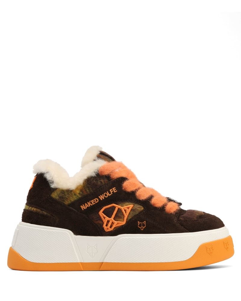 Orange / Brown Naked Wolfe Crash Hairy Cow Suede/Wool Women\'s Sneakers | DUBLIN 8956710BF